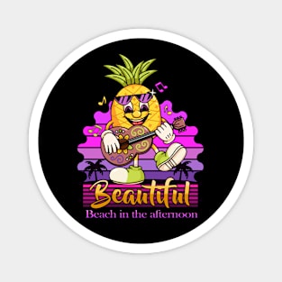 Beautiful beach in the afternoon, Cartoon character pineapple playing guitar on the beach Magnet